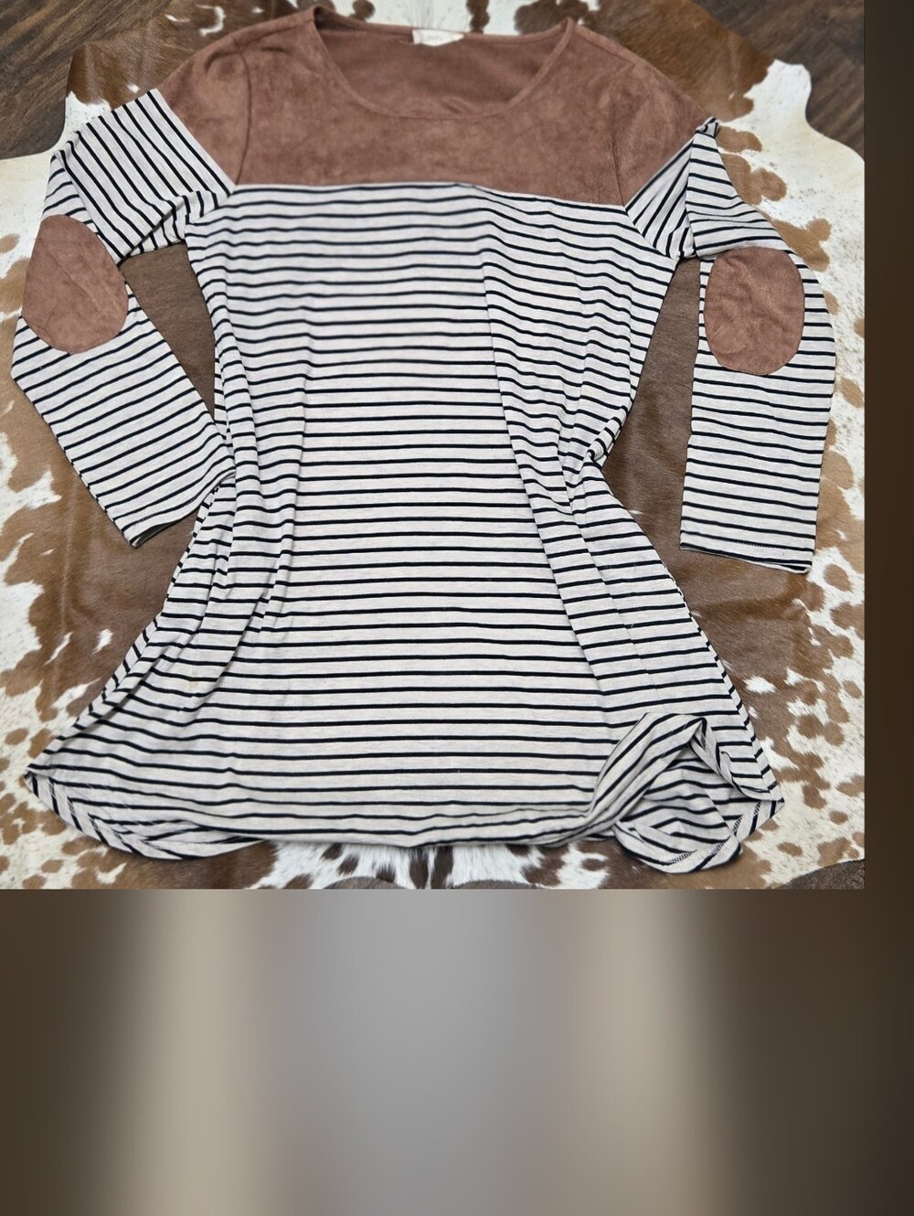 Altar'd State Black & Cream Striped Long-Sleeve T Shirt with Brown Suede Accents